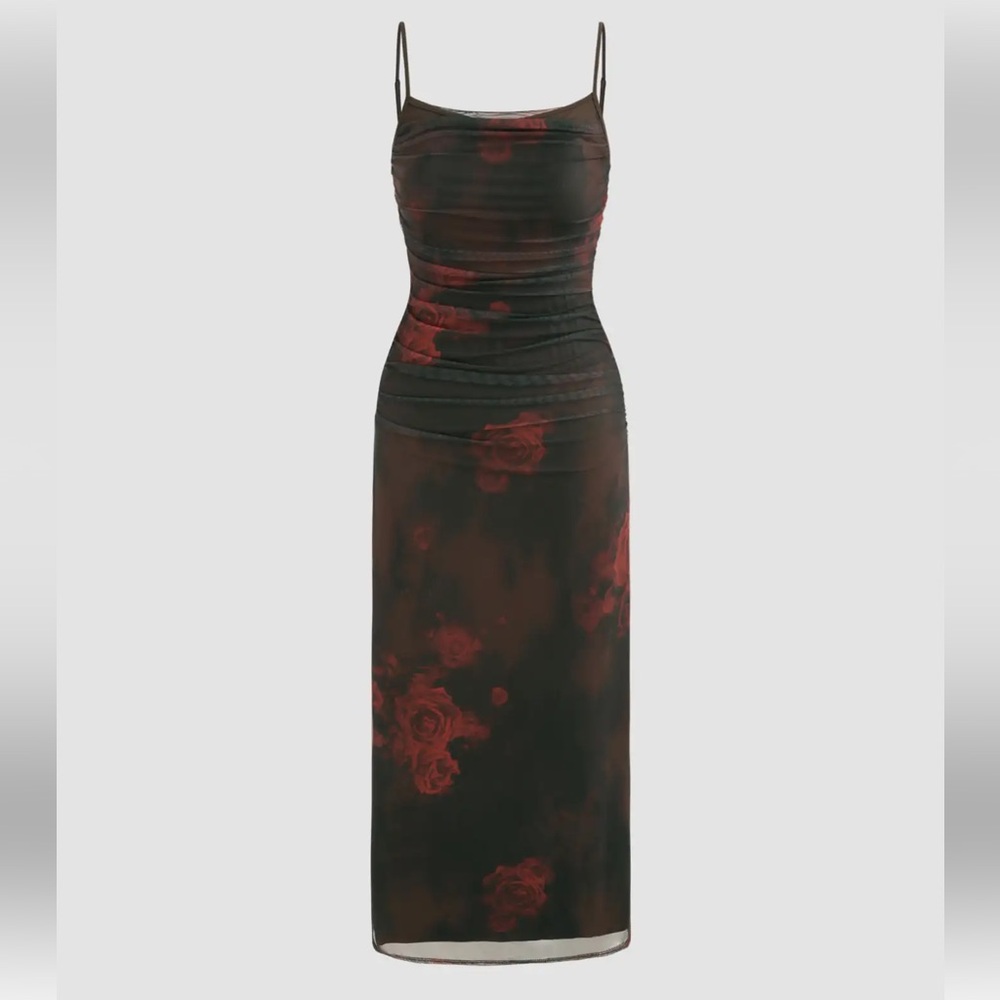Cider Black Maxi Dress with Red Rose Print